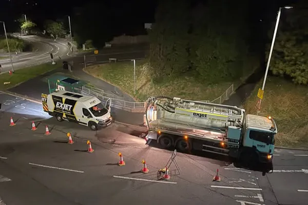 Exjet and Greenlight Highways traffic management set up around a live drainage works on a public highway