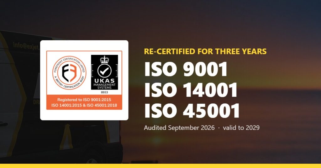 Exjet Services re-certified to ISO 9001, ISO 14001 and ISO 45001, audited September 2026 and valid to 2029