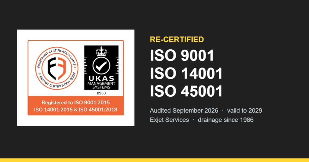 Forefront Certification and UKAS mark — Exjet Services re-certified to ISO 9001, ISO 14001 and ISO 45001 in September 2026