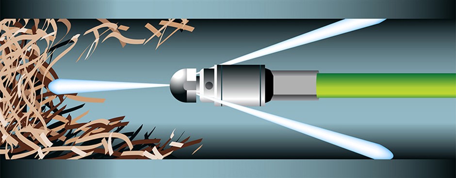 Diagram of a rotating jetting nozzle cutting tree roots away from the inside wall of a drain pipe