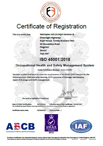 ISO 45001:2018 Quality Certificate for Hatchplan Ltd t/a Exjet Services & Greenlight Highways thumbnail
